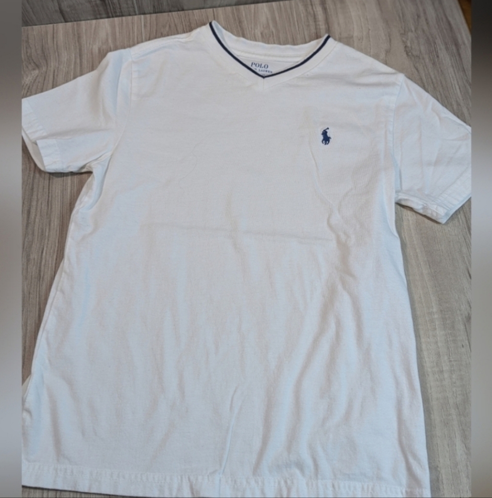 Boys Polo Ralph Lauren T Shirt Size 7 White/Navy Pony Chest V-Neck